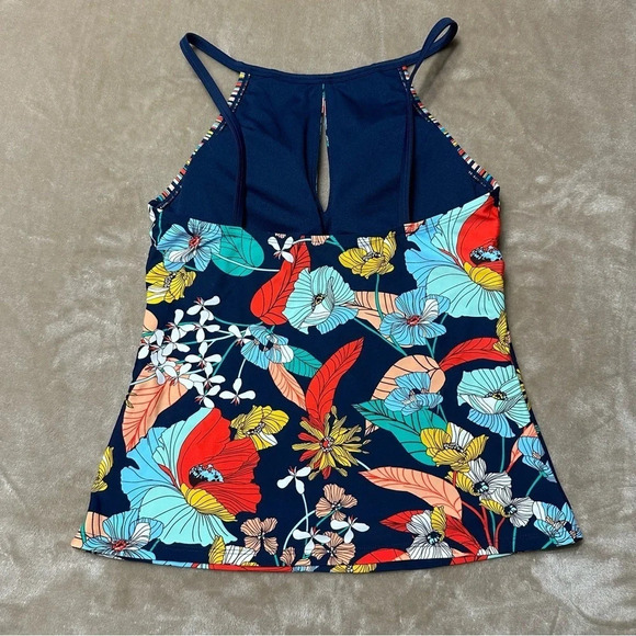 Ellen Tracy High Neck Keyhole Navy with Floral Tankini Top Size 8 - Picture 5 of 11
